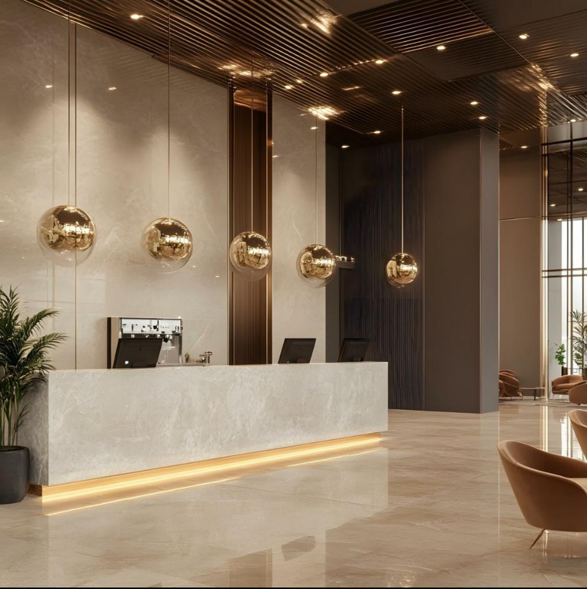 Polished commercial lobby with warm lighting and stone reception desk