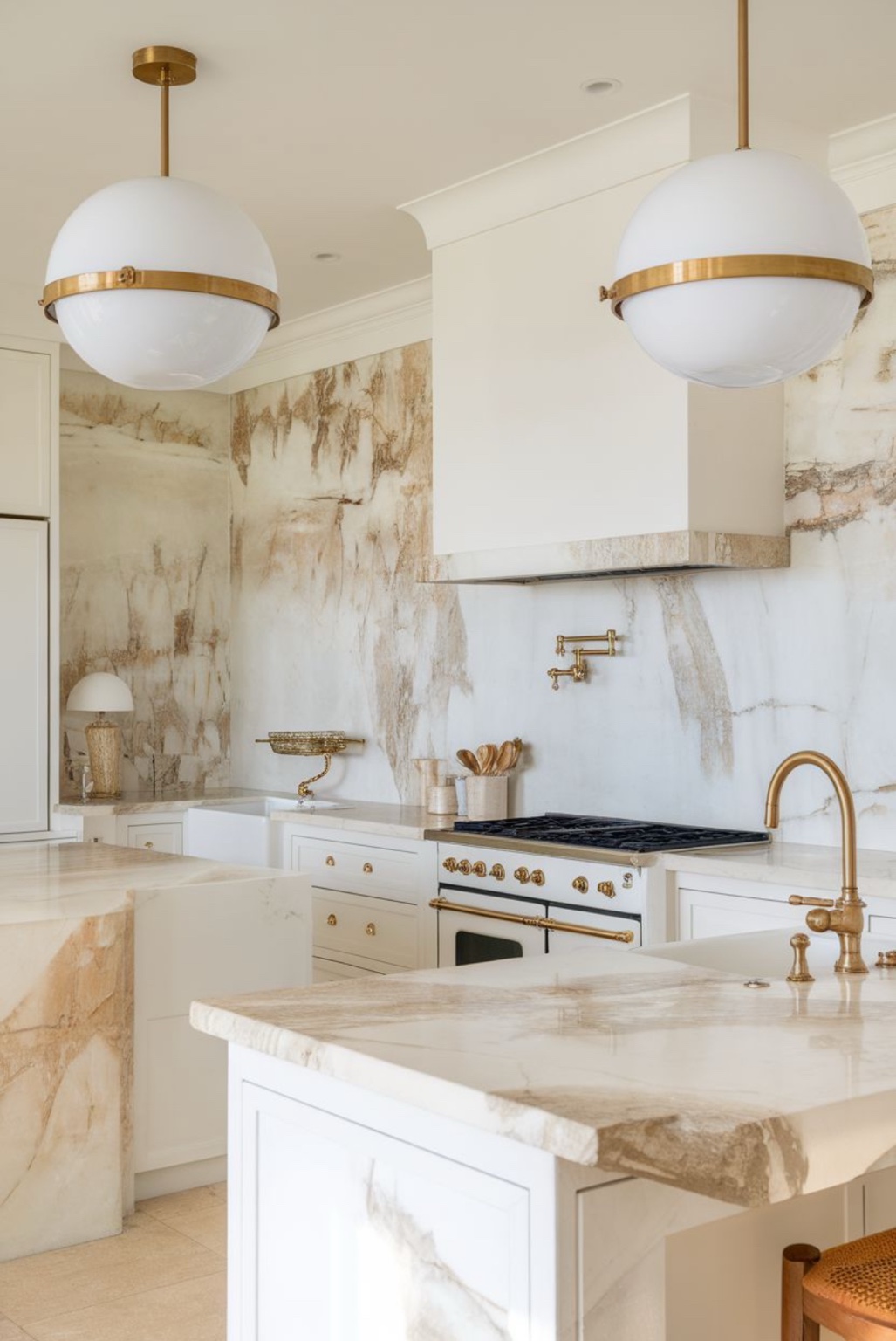 Bright luxury kitchen with warm marble surfaces and brass fixtures