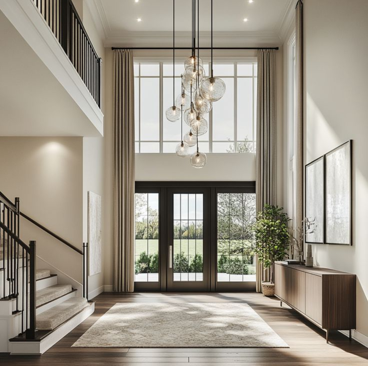 Bright, elegant entryway with warm neutral finishes